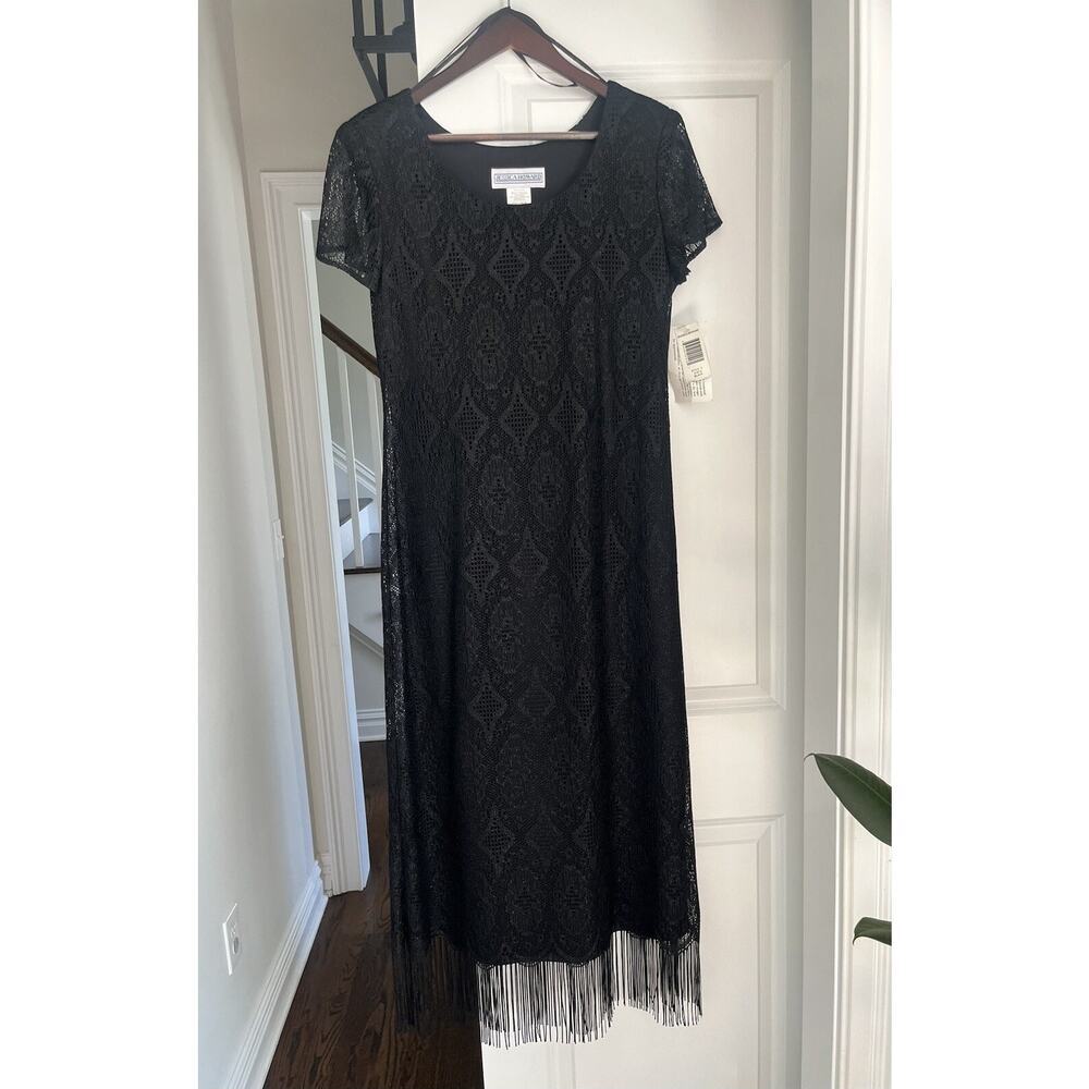 Jessica Howard VTG Dress Size 10 Black Lace Metallic Scalloped Fringe Hem NWT